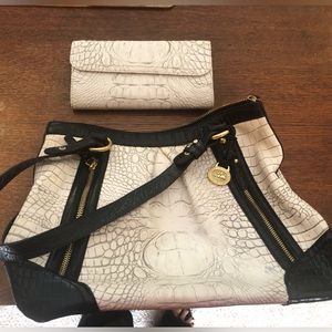 Brahmin satchel and wallet.  Black and beige crocodile embossed.  Used.